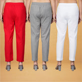 Combo of 3 Cotton Gray White and Red Women Regular Fit Solid Trousers