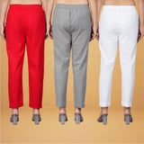 Combo of 3 Cotton Gray White and Red Women Regular Fit Solid Trousers