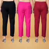 Combo of 3 Cotton Pink Maroon and Black Women Regular Fit Solid Trousers