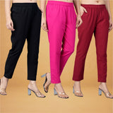 Combo of 3 Cotton Pink Maroon and Black Women Regular Fit Solid Trousers