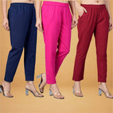 Combo of 3 Cotton Pink Maroon and Navy Blue Women Regular Fit Solid Trousers