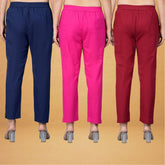 Combo of 3 Cotton Pink Maroon and Navy Blue Women Regular Fit Solid Trousers