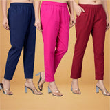 Combo of 3 Cotton Pink Maroon and Navy Blue Women Regular Fit Solid Trousers