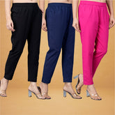 Combo of 3 Cotton Pink Navy Blue and Black Women Regular Fit Solid Trousers