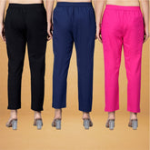Combo of 3 Cotton Pink Navy Blue and Black Women Regular Fit Solid Trousers