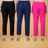 Combo of 3 Cotton Pink Navy Blue and Black Women Regular Fit Solid Trousers