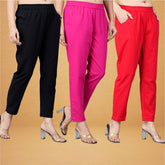Combo of 3 Cotton Pink Red and Black Women Regular Fit Solid Trousers