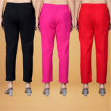 Combo of 3 Cotton Pink Red and Black Women Regular Fit Solid Trousers