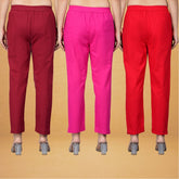 Combo of 3 Cotton Pink Red and Maroon Women Regular Fit Solid Trousers