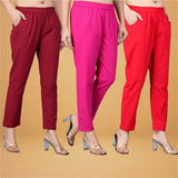 Combo of 3 Cotton Pink Red and Maroon Women Regular Fit Solid Trousers