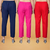Combo of 3 Cotton Pink Red and Navy Blue Women Regular Fit Solid Trousers