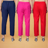 Combo of 3 Cotton Pink Red and Navy Blue Women Regular Fit Solid Trousers