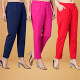 Combo of 3 Cotton Pink Red and Navy Blue Women Regular Fit Solid Trousers