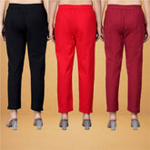 Combo of 3 Cotton Red Maroon and Black Women Regular Fit Solid Trousers