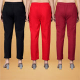 Combo of 3 Cotton Red Maroon and Black Women Regular Fit Solid Trousers