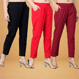 Combo of 3 Cotton Red Maroon and Black Women Regular Fit Solid Trousers