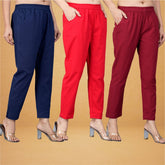 Combo of 3 Cotton Red Maroon and Navy Blue Women Regular Fit Solid Trousers