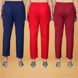 Combo of 3 Cotton Red Maroon and Navy Blue Women Regular Fit Solid Trousers