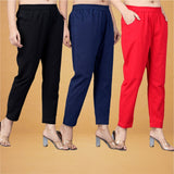 Combo of 3 Cotton Red Navy Blue and Black Women Regular Fit Solid Trousers