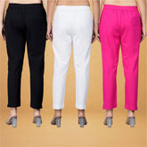 Combo of 3 Cotton White Pink and Black Women Regular Fit Solid Trousers