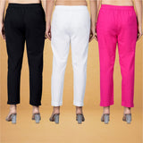 Combo of 3 Cotton White Pink and Black Women Regular Fit Solid Trousers