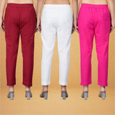 Combo of 3 Cotton White Pink and Maroon Women Regular Fit Solid Trousers