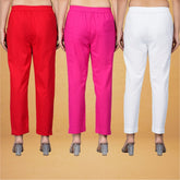 Combo of 3 Cotton White Pink and Red Women Regular Fit Solid Trousers