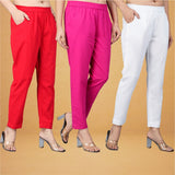 Combo of 3 Cotton White Pink and Red Women Regular Fit Solid Trousers