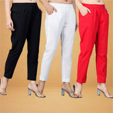 Combo of 3 Cotton White Red and Black Women Regular Fit Solid Trousers