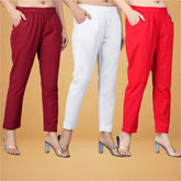 Combo of 3 Cotton White Red and Maroon Women Regular Fit Solid Trousers