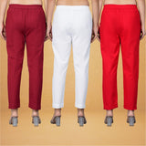 Combo of 3 Cotton White Red and Maroon Women Regular Fit Solid Trousers