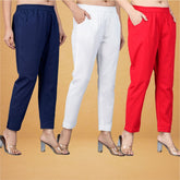 Combo of 3 Cotton White Red and Navy Blue Women Regular Fit Solid Trousers