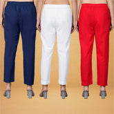 Combo of 3 Cotton White Red and Navy Blue Women Regular Fit Solid Trousers