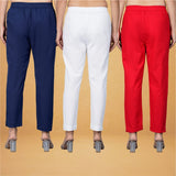 Combo of 3 Cotton White Red and Navy Blue Women Regular Fit Solid Trousers