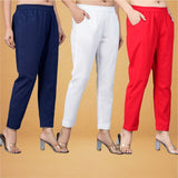 Combo of 3 Cotton White Red and Navy Blue Women Regular Fit Solid Trousers