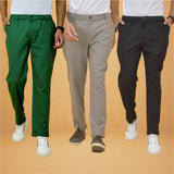 Combo of 3 Gray Black and Bottle Green Cotton Regular Trouser Pants-42387