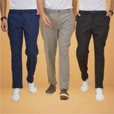 Combo of 3 Gray Black and Navy Blue Cotton Regular Trouser Pants-42432