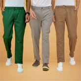 Combo of 3 Gray Brown and Bottle Green Cotton Regular Trouser Pants-42402