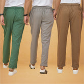 Combo of 3 Gray Brown and Bottle Green Cotton Regular Trouser Pants-42402