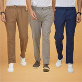Combo of 3 Gray Brown and Navy Blue Cotton Regular Trouser Pants-42447