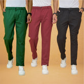 Combo of 3 Maroon Black and Bottle Green Cotton Regular Trouser Pants-42389