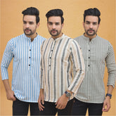 Combo of 3 Men Kurtas Stripe Cotton Handloom Beige Gray and Sky Blue