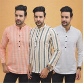 Combo of 3 Men Kurtas Stripe Cotton Handloom Beige White and Peach