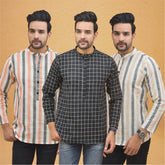 Combo of 3 Men Kurtas Stripe Cotton Handloom Black Beige and Peach