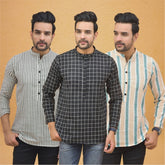 Combo of 3 Men Kurtas Stripe Cotton Handloom Black Green and Gray