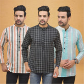 Combo of 3 Men Kurtas Stripe Cotton Handloom Black Green and Peach