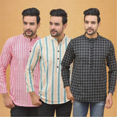 Combo of 3 Men Kurtas Stripe Cotton Handloom Black Green and Pink