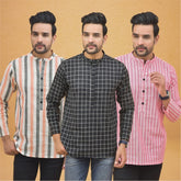 Combo of 3 Men Kurtas Stripe Cotton Handloom Black Pink and Peach