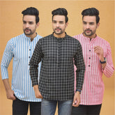 Combo of 3 Men Kurtas Stripe Cotton Handloom Black Pink and Sky Blue