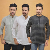 Combo of 3 Men Kurtas Stripe Cotton Handloom Black White and Gray